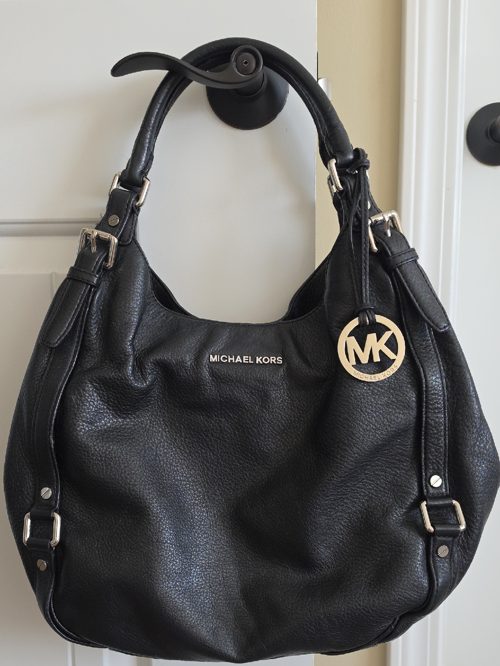 Michael Kors Black Pebbled Leather Hobo Shoulder Bag Silver MK Charm